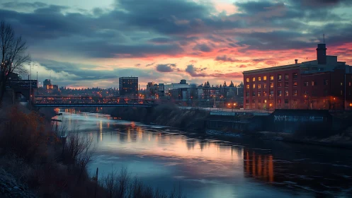 River mirrors a twilight city where brick and clouds glow