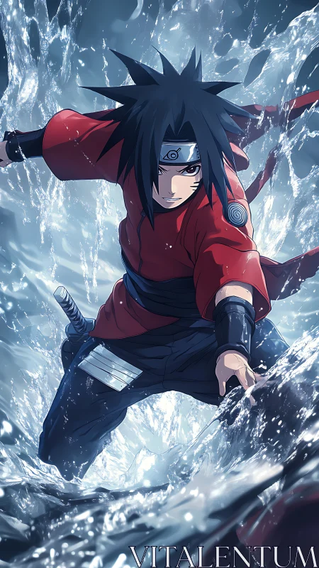 Storm-slicing ninja surges through roaring walls of water.