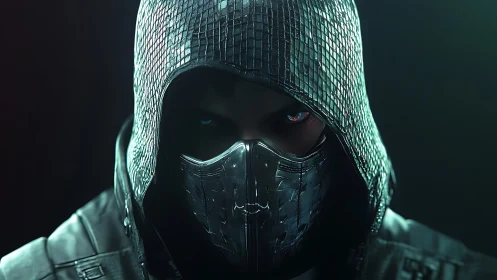 Cyberpunk hooded assassin portrait in high-contrast lighting.