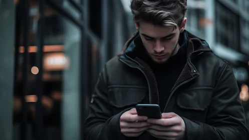 Shallow depth-of-field portrait isolates man using smartphone outdoors
