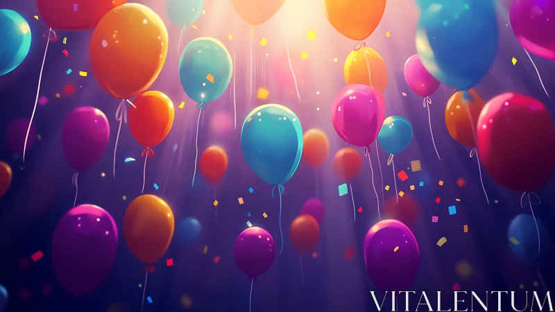 Vibrant Gradient Balloons Ascending Against Dark Background.