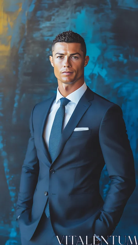 Man in sharp navy suit stands against blue abstract backdrop