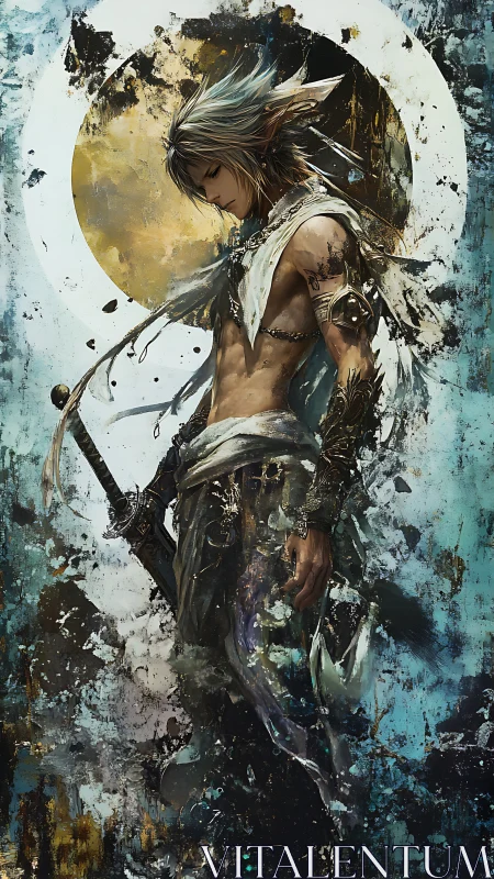 Solitary elf warrior stands before fractured celestial halo