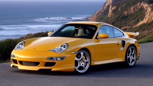 Yellow sports coupe is parked beside a coastal roadway