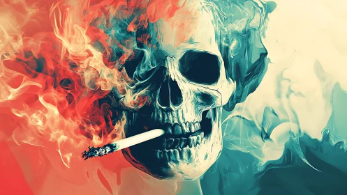 Smoking skull emerges through swirling red and teal flames.