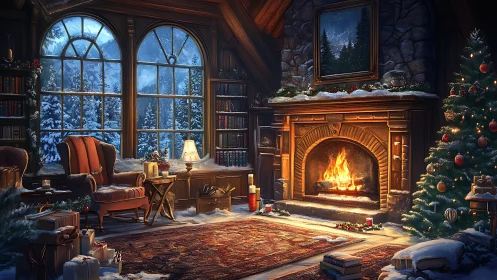 Cozy winter library glows with a festive fireside warmth.