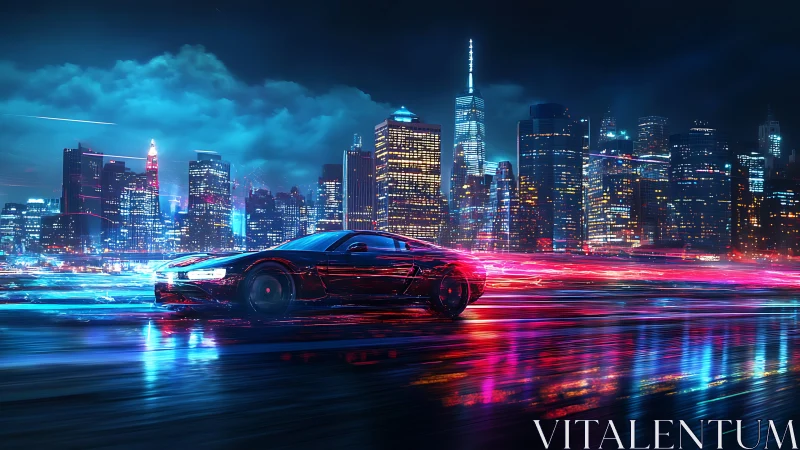 Neon night skyline races beside a streaking cyber sportscar