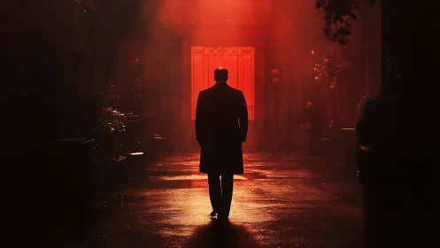 Solitary figure walks toward a glowing red city gateway