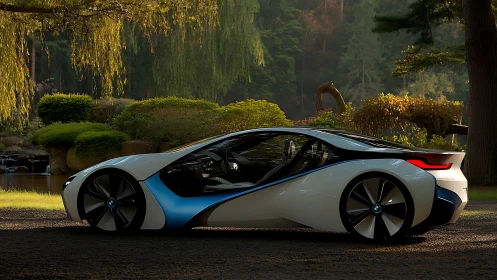 Futuristic electric coupé integrates with tranquil Japanese garden