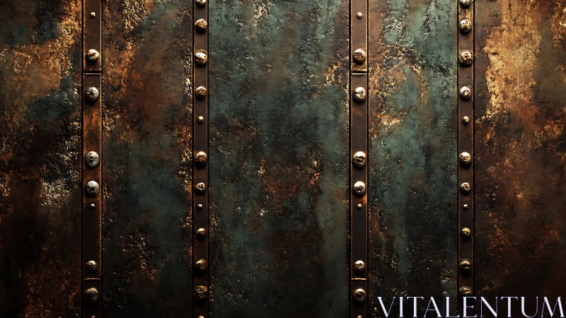 Riveted oxidized metal wall with industrial patina detail.