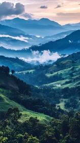 Layered mountain valleys with dawn mist in atmospheric perspective