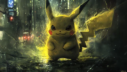 Pikachu stands in rainy neon city street with crackling lightning