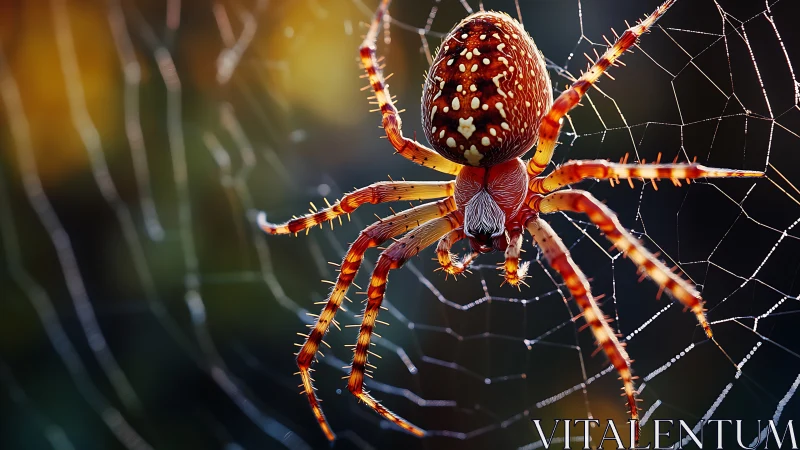 Spiny orb weaver grips dewlit web in golden bokeh light.