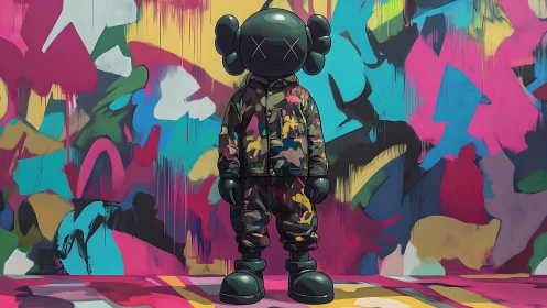 Stylized figure in camouflage against multicolor graffiti wall