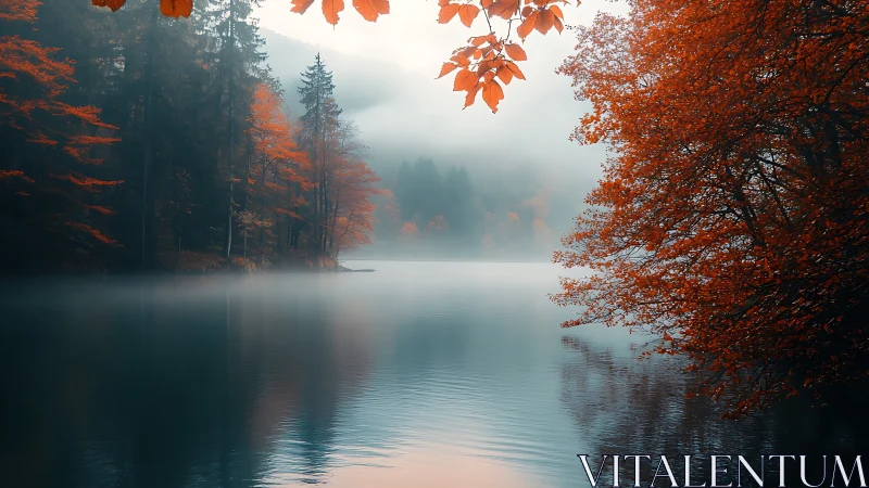 Foggy forest lake with autumn foliage and still water.