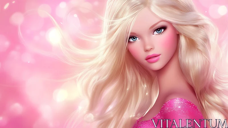 Blonde stylized female portrait on soft pink background.