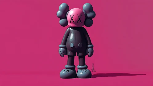 Playful pink pop figure standing in a bold candy world.