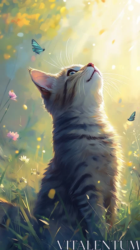 Sunlit kitten watching butterflies in dreamy meadow glow.
