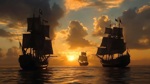 Sunlit pirate galleons drifting toward a molten horizon.