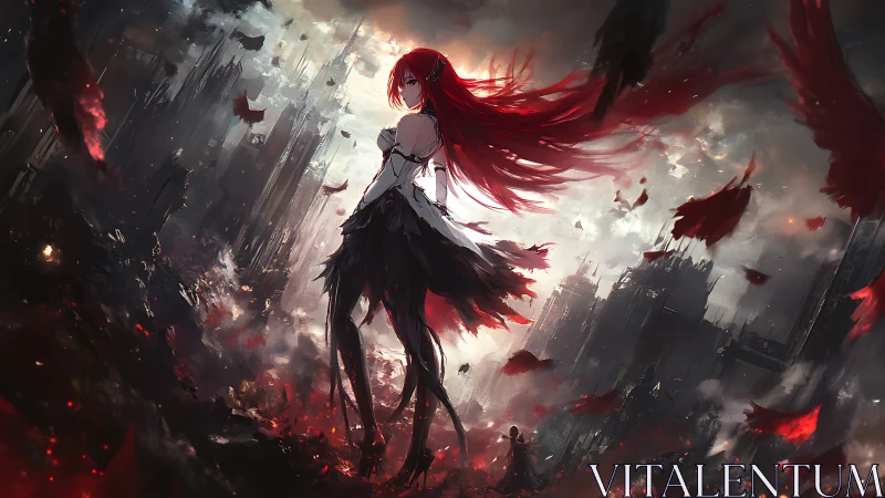Crimson-haired heroine in stormlit apocalyptic ruins.