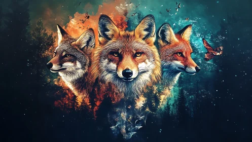 Triadic fox portraits in dual-tone cosmic forest fusion.