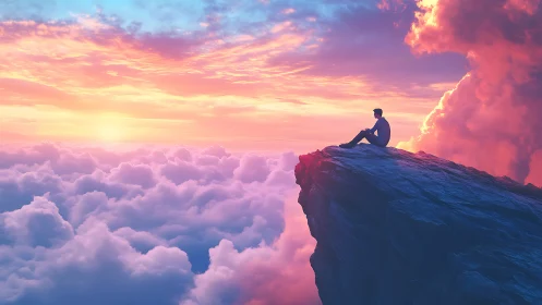 Solitary dreamer studies sunrise from a cliff above clouds