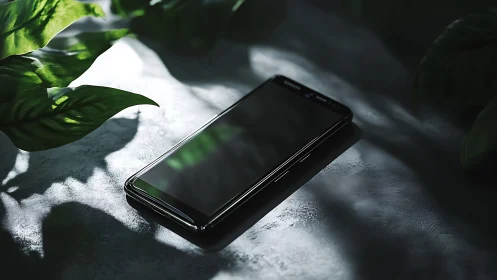 Dark smartphone resting beneath dappled sunlight and verdant foliage.
