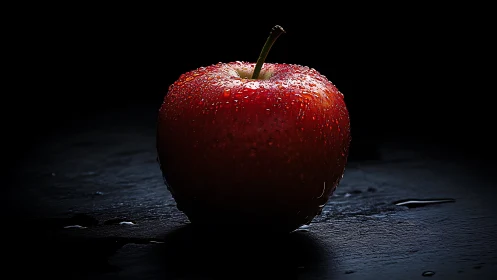 Single red apple glows under dramatic low key lighting