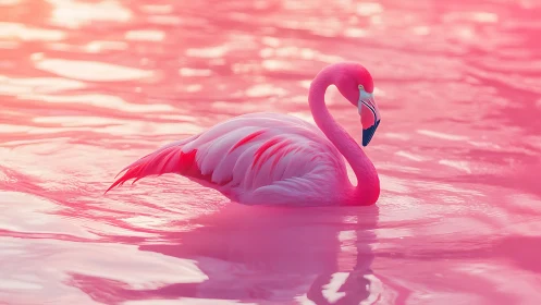 High-saturation flamingo in uniformly pink reflective water