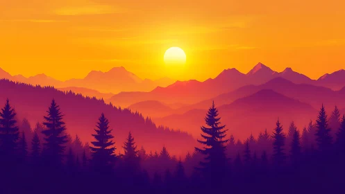 Radiant sun sets behind misty violet mountain pines
