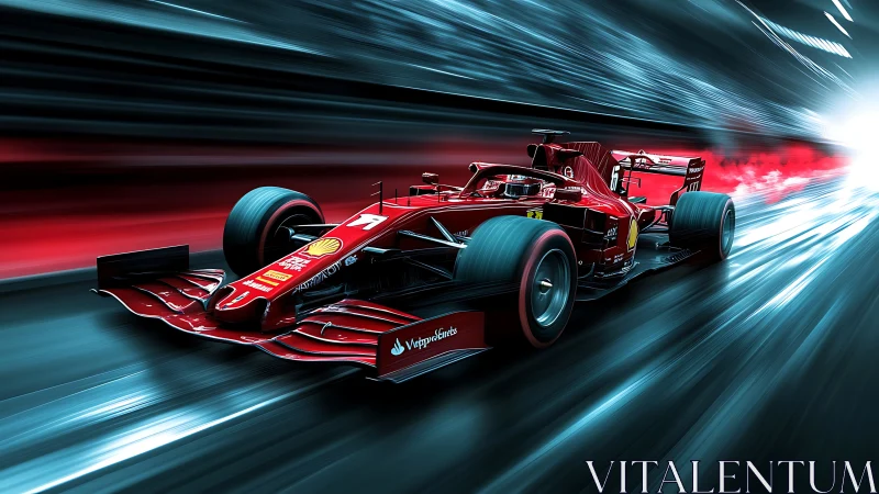 Dynamic red Formula race car in high-speed tunnel environment.