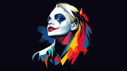 Bold joker-inspired woman in angular pop art portrait.