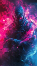 Neon-shrouded rogue stands wreathed in pink and cyan flames.