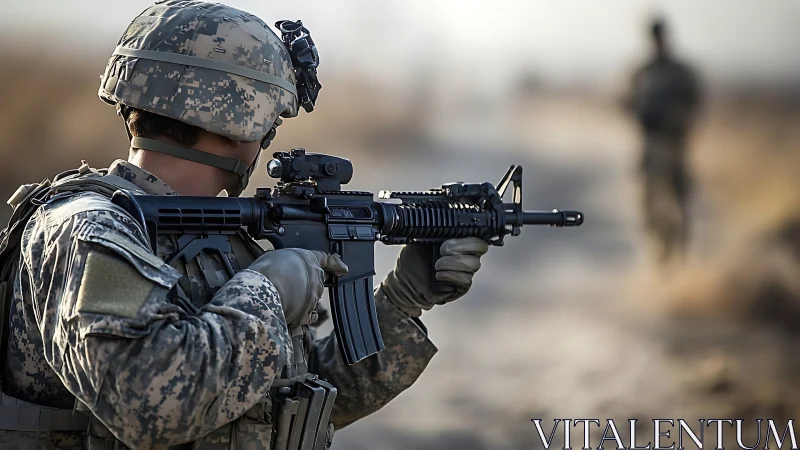 Soldier aiming rifle on dusty outdoor patrol route.