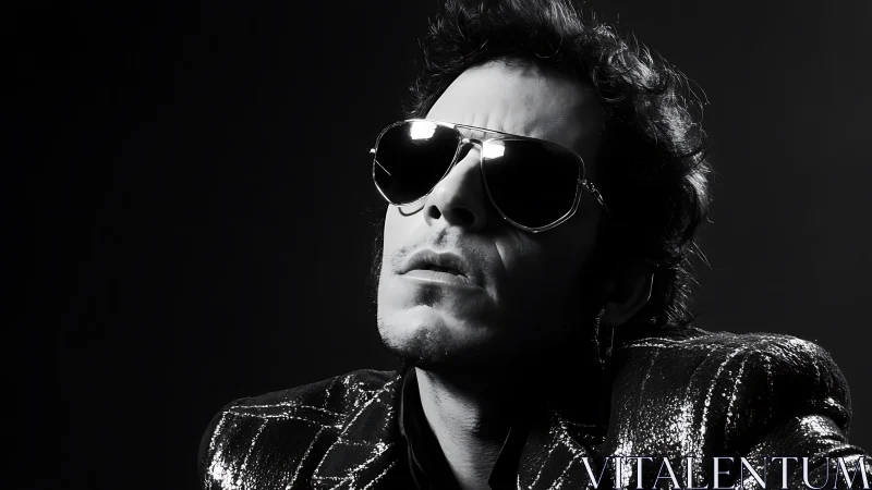 Monochrome portrait isolates reflective aviators and sequined jacket