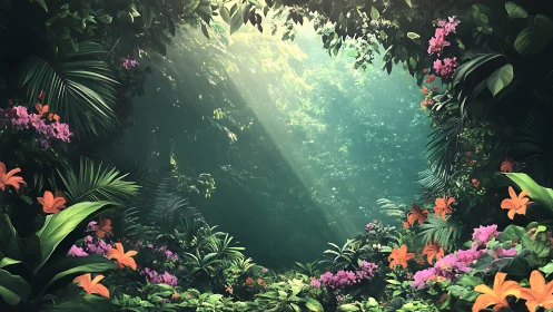 Lush tropical jungle clearing with sunlit foliage and blooms.