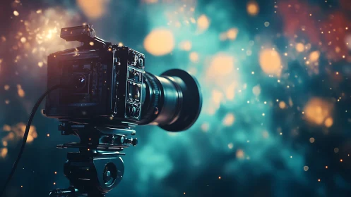 Cinematic video camera isolated against luminous bokeh field