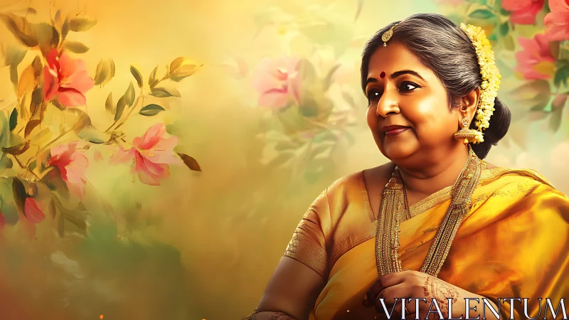 Elegant elderly woman in golden saree, floral painted background.
