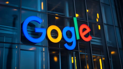 Corporate facade with illuminated multicolor logotype signage.