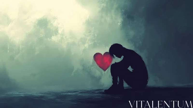 Solitary silhouetted figure with glowing red heart in mist