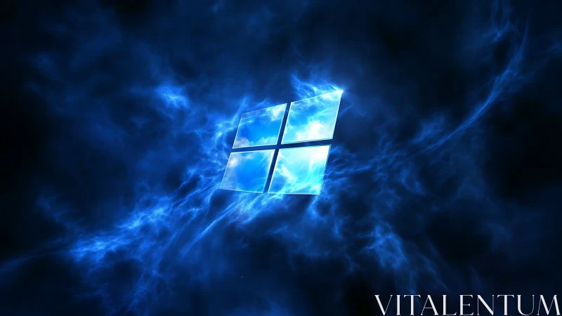 Glowing window logo over swirling blue energy background.