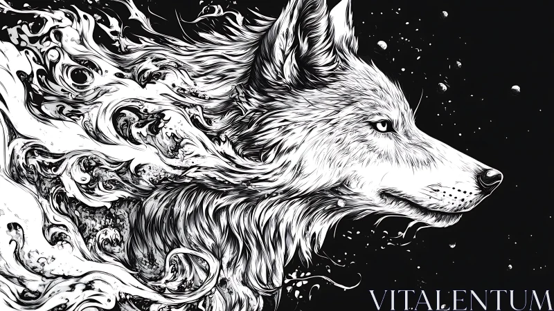Monochrome wolf portrait with swirling abstract mane art.