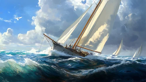 Sailing yacht on open sea with dynamic waves and clouds.