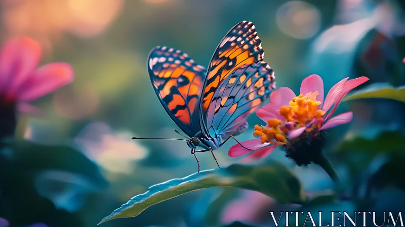Gentle butterfly resting on blossoms in dreamy garden light.