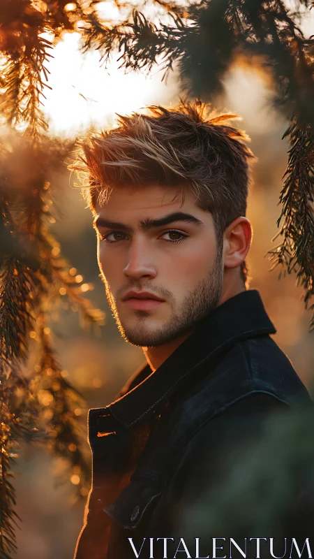 Young man stands in warm backlit forest portrait frame