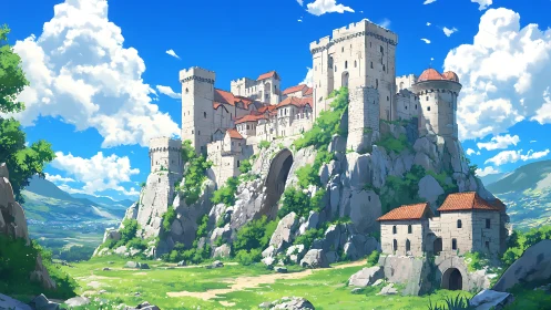Digital painting of a hilltop stone castle in bright daylight.