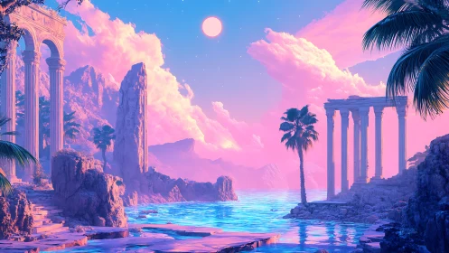 Digital seascape depicts classical ruins under pink sky