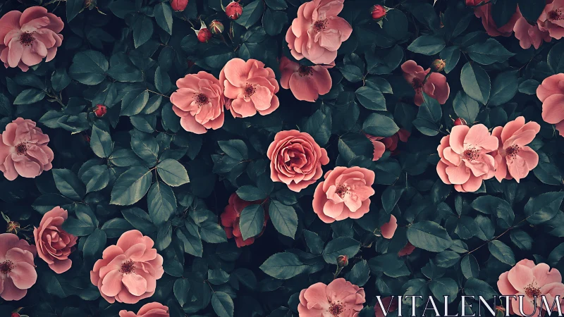 Overhead botanical composition with multilayered rosa cultivars.