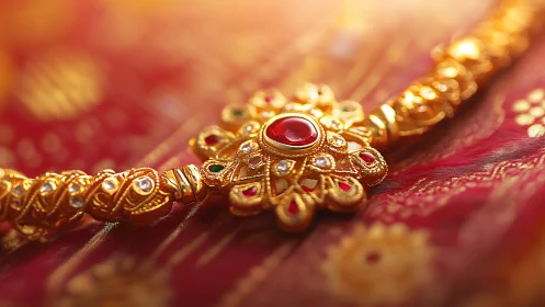 Golden bridal jewelry glowing with ruby red elegance.
