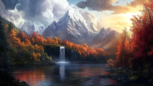 Autumnal alpine basin with waterfall under stratified sunset light.